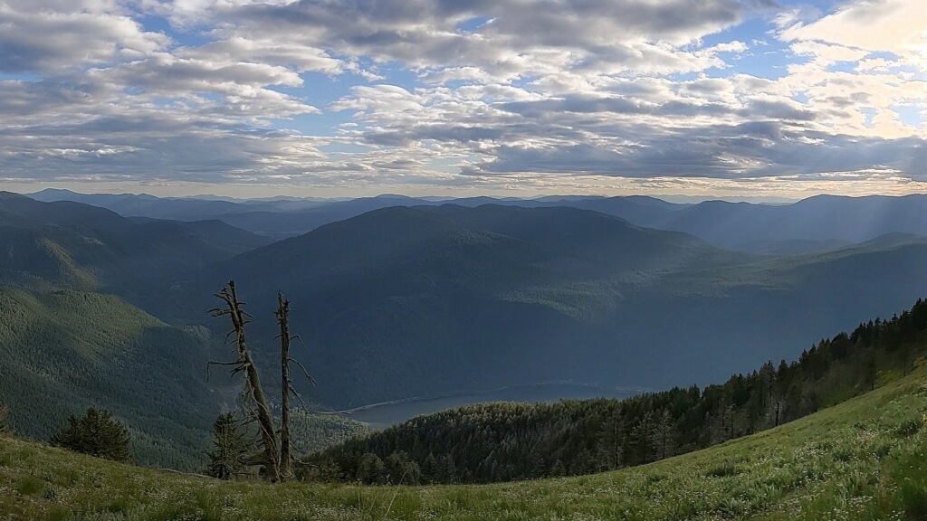 Lanscape sunset view of Sullivan Lake from Hall Mountain in Colville National Forest